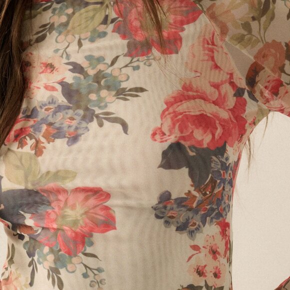 Suzanne Floral-Print Mesh Mock-Neck Thumbhole Top | Womens Fall and Winter Shirt - Picture 8 of 9